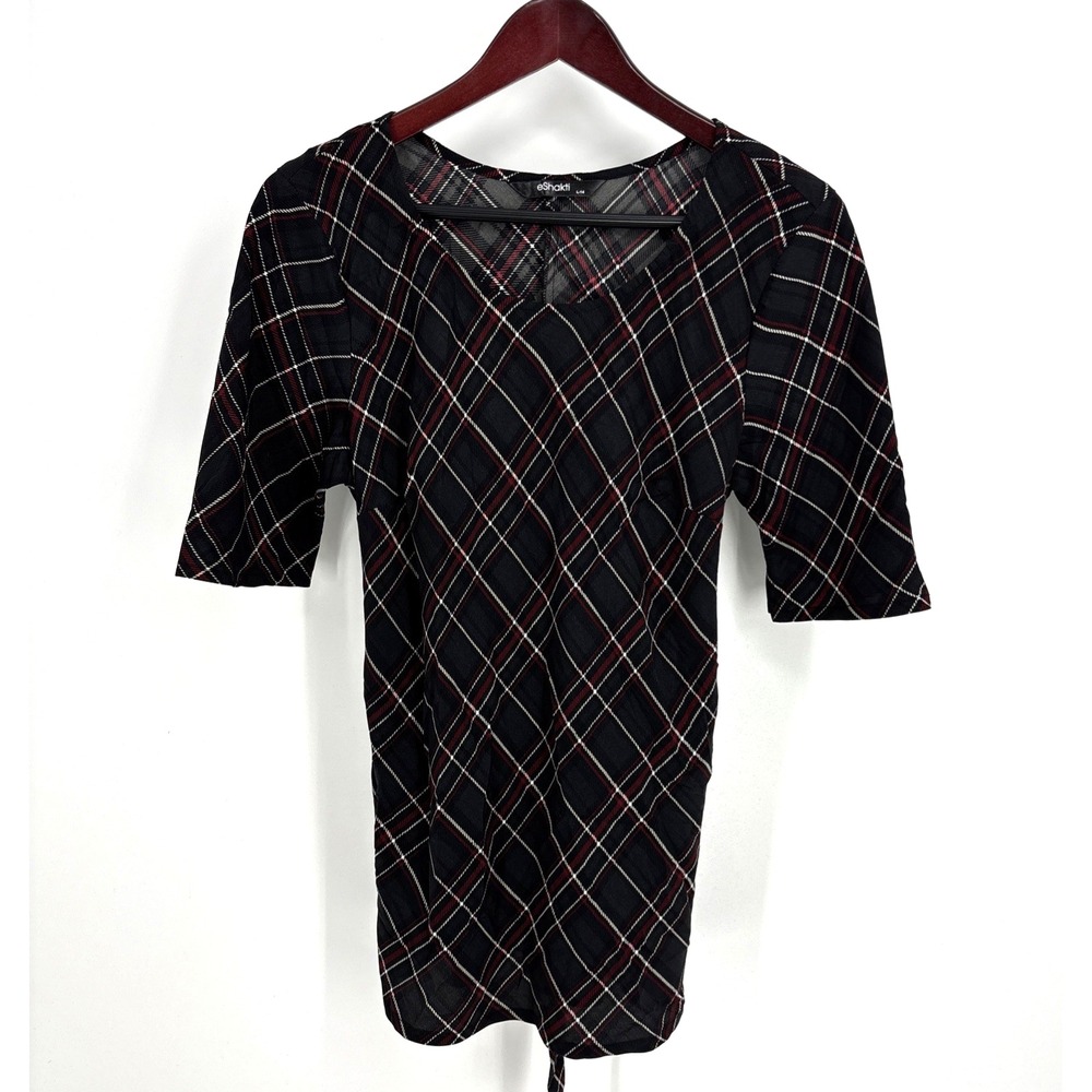 Eshakti Top Size L/14 Red Black Plaid Tie Back Short Sleeve Preppy Classy